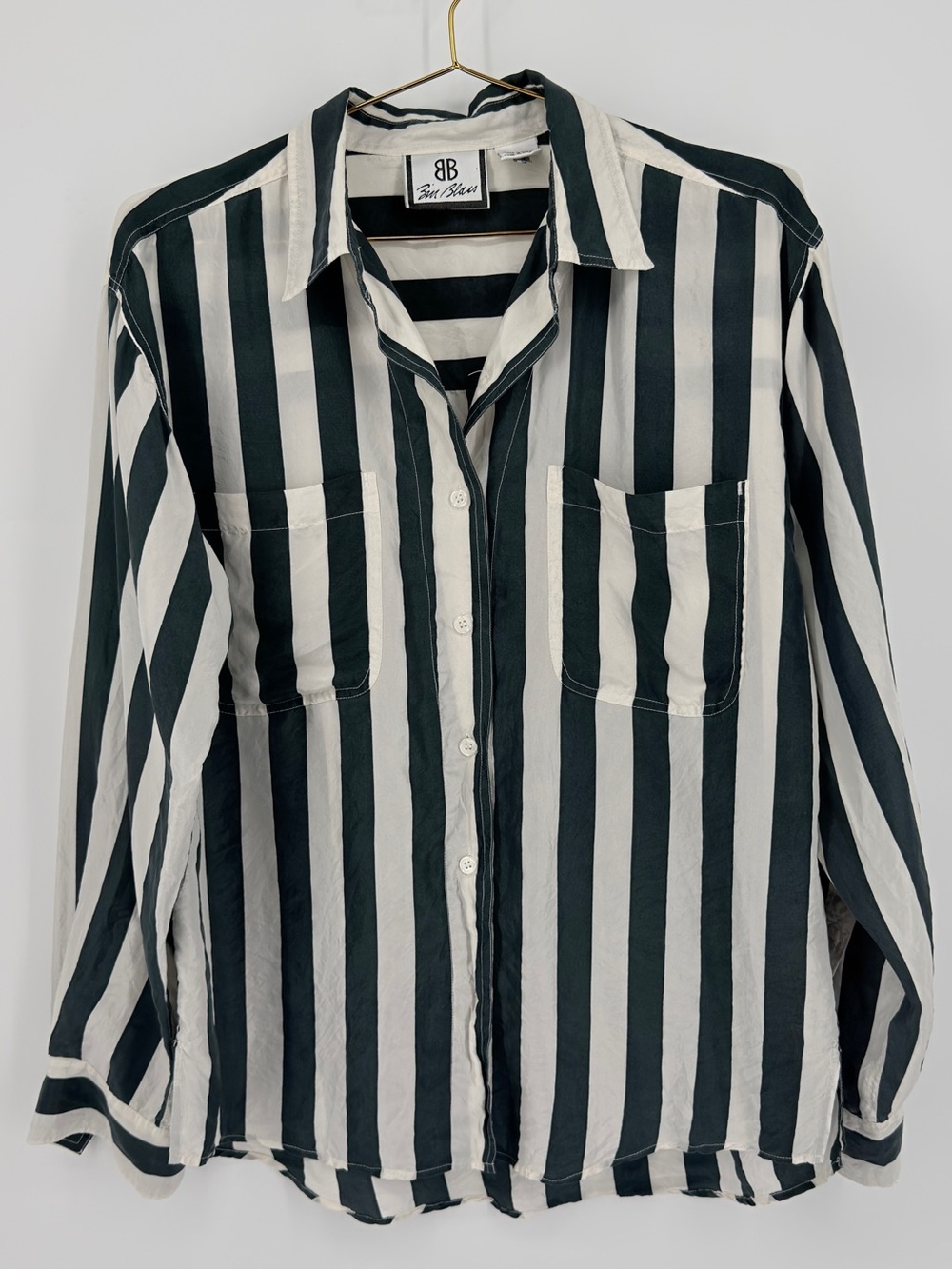 Bill Blass 100% Silk Striped Button Down Shirt Small Black White